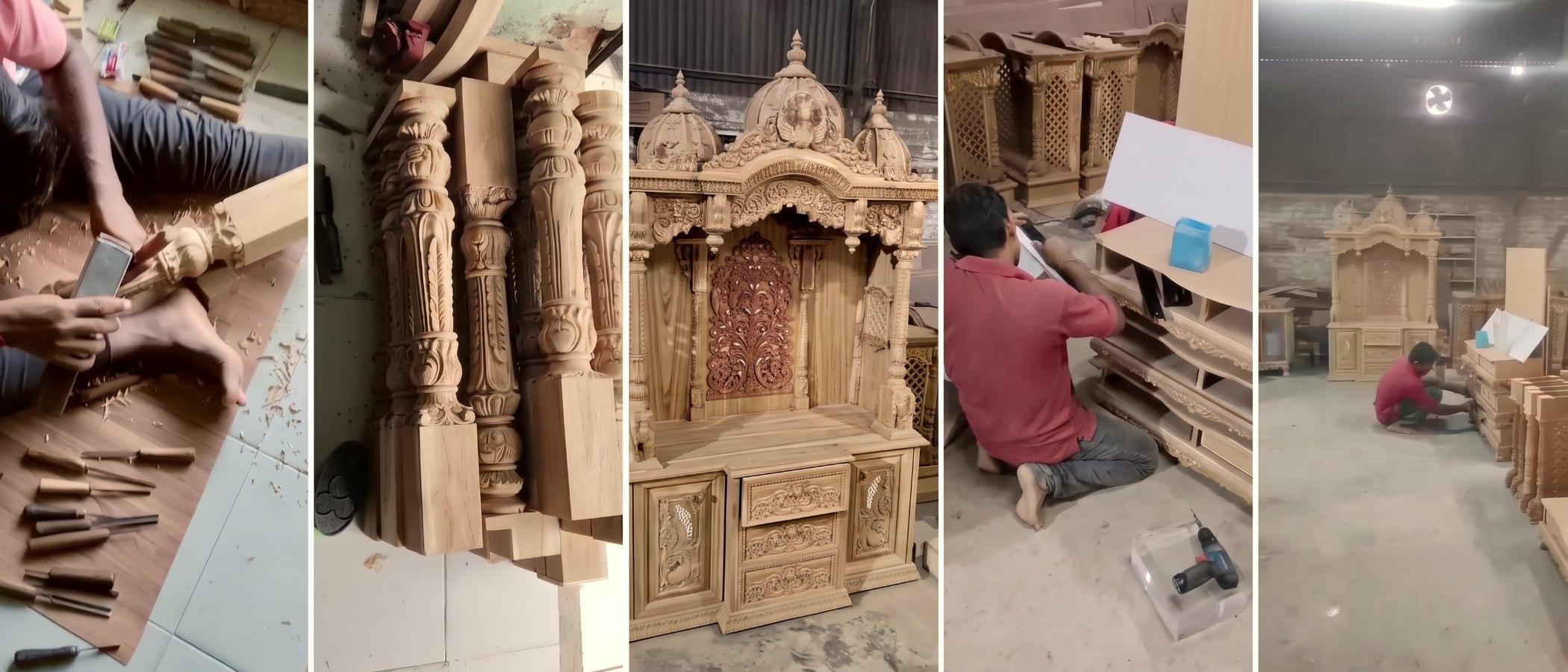 Five frames from the Ahmedabad workshop: a carver at the chisel, carved pillars against the wall, an unpolished temple on the floor, a carver fitting a drawer, and the workshop from the door