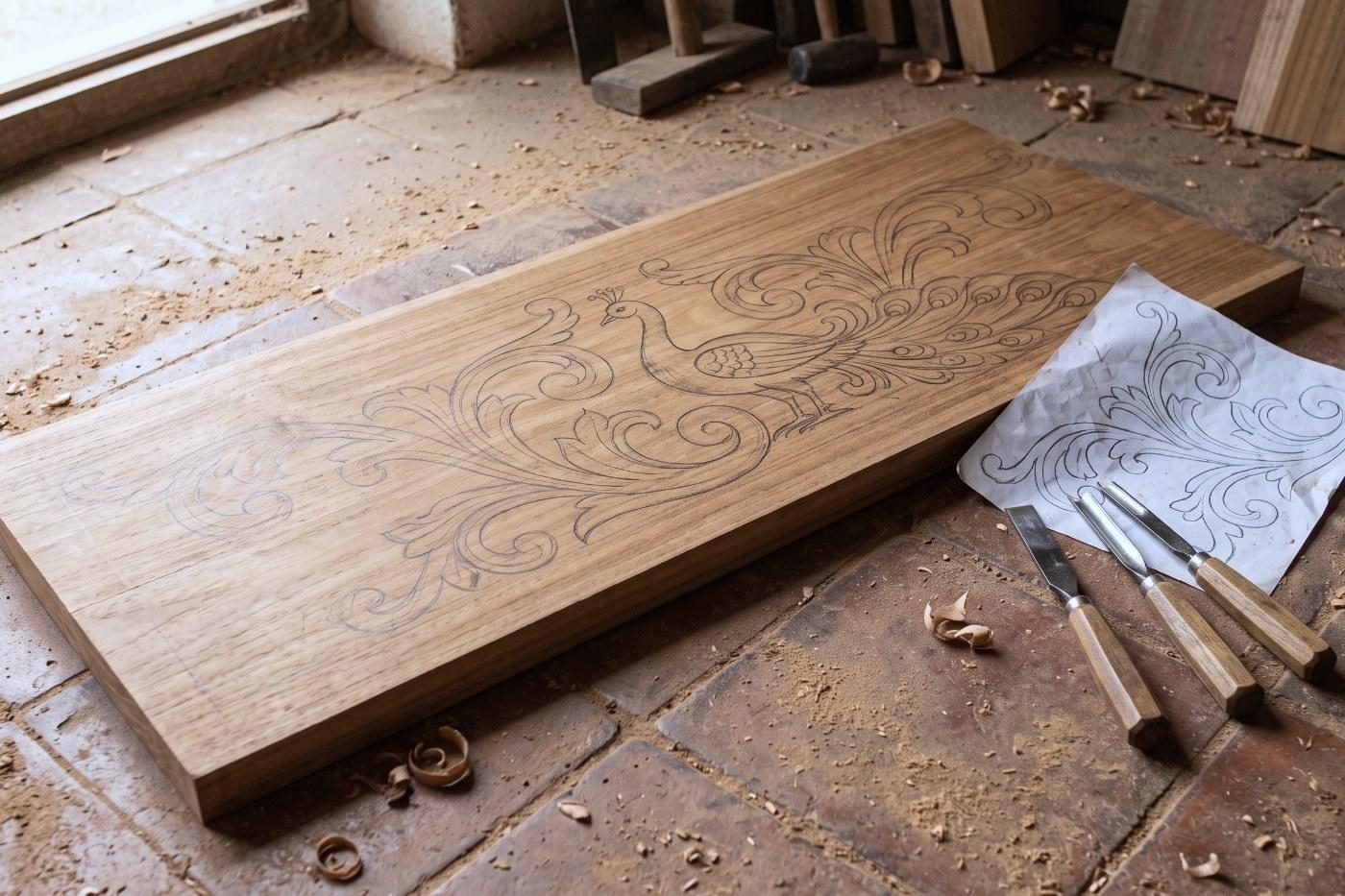 The peacock and leaf pattern for the Haridwar's crest drawn in pencil on a planed teak board, with the paper template and three chisels beside it