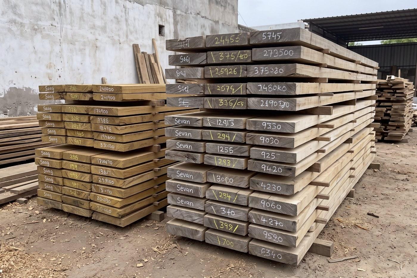 Saag and sevan boards stacked in the workshop yard, chalked with their measurements