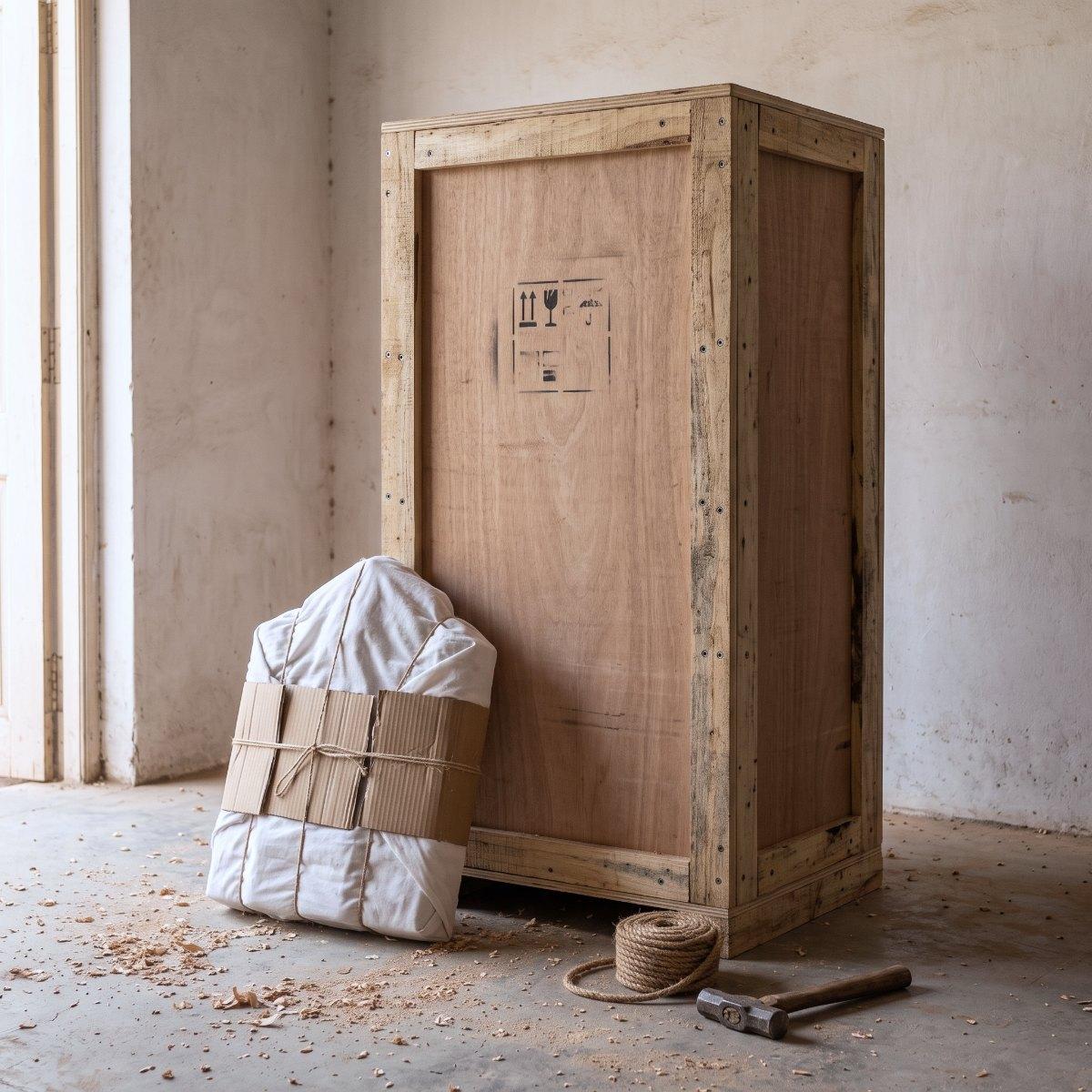 A plywood export crate with a wrapped carved crest beside it, ready to go in