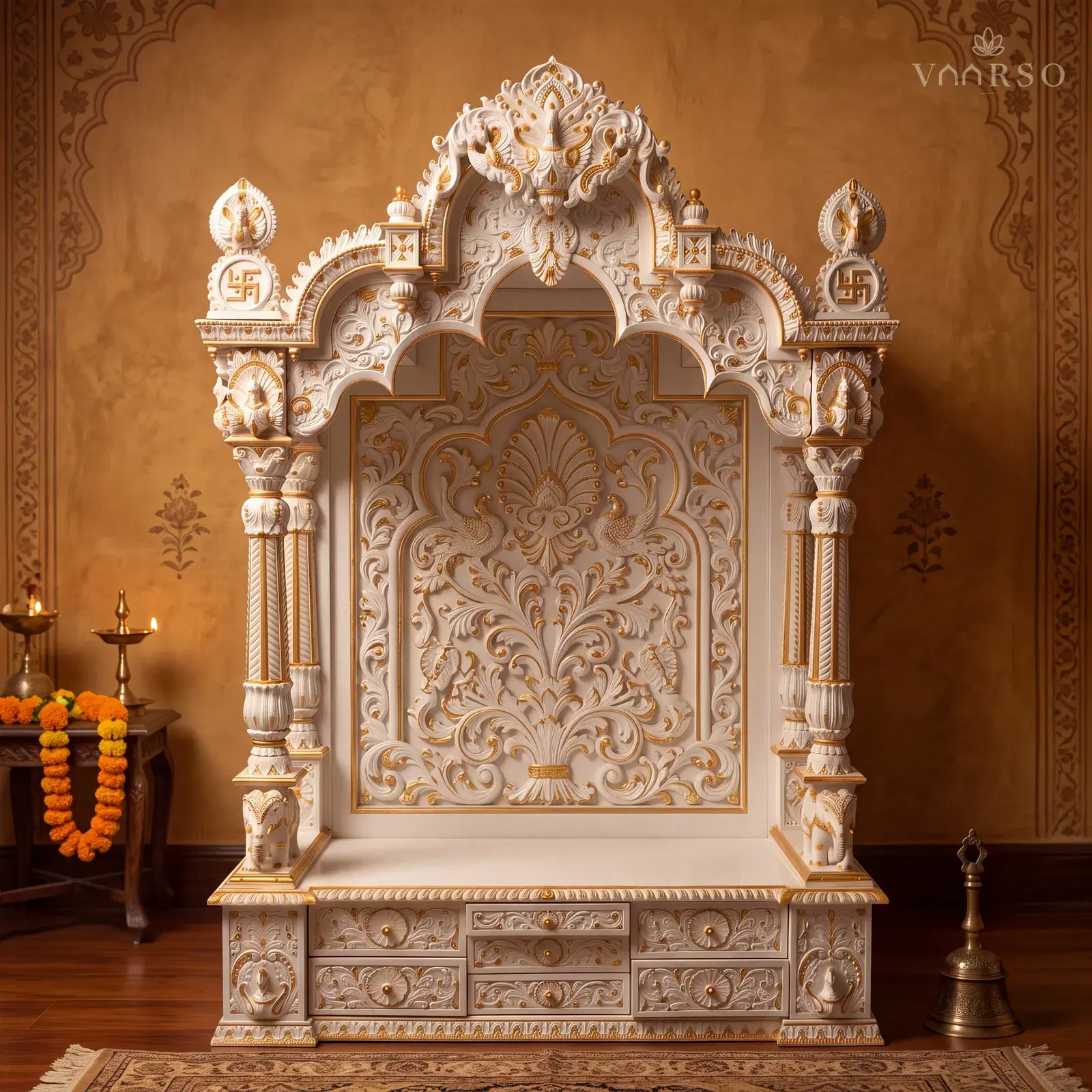 The same mandir in a small pooja room, standing in its alcove, white porcelain tile underfoot and a worn Persian rug and a brass lamp on a side table