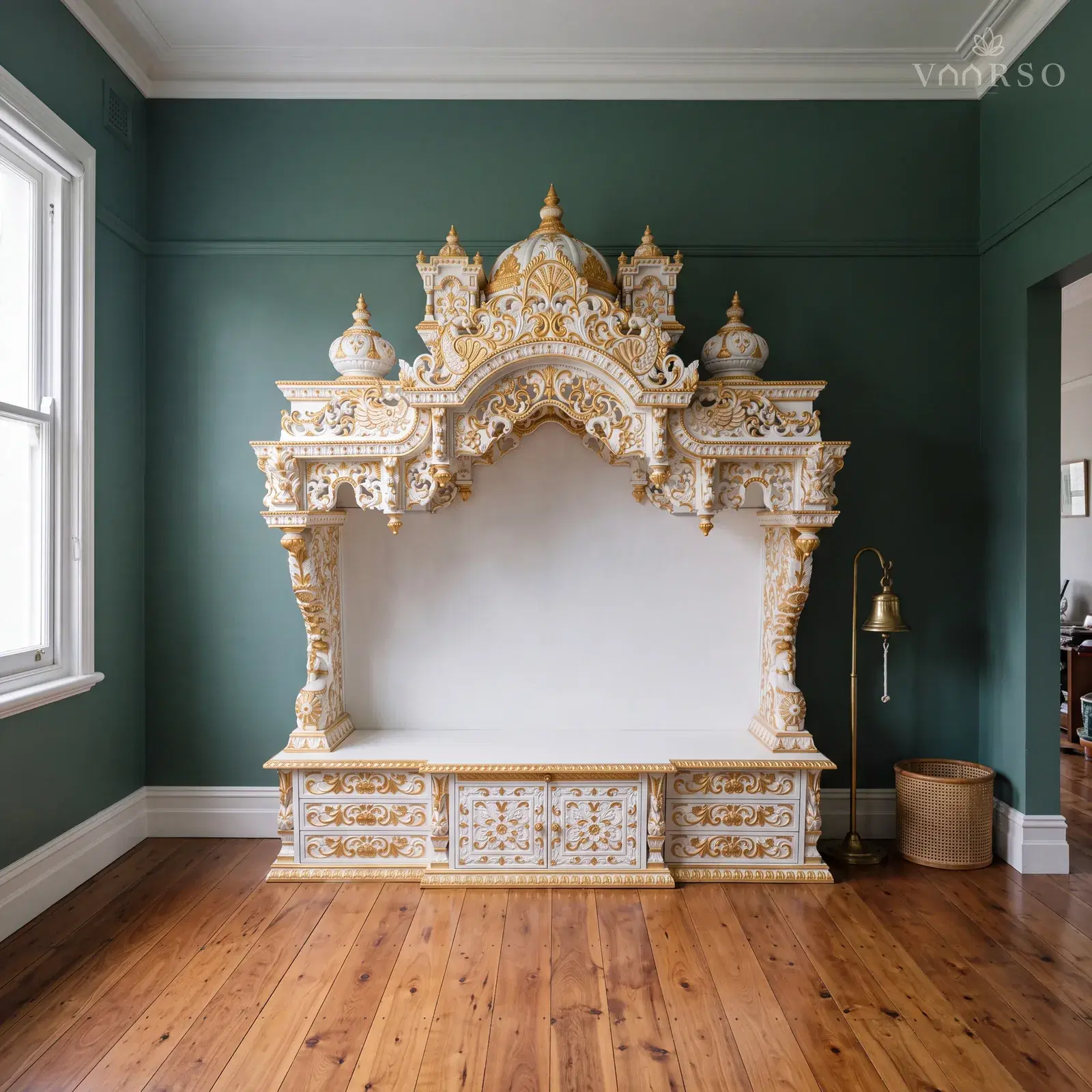 The same mandir in a Federation-era living room, a picture rail running above the crest, spotted gum boards underfoot and a brass bell on a floor stand and a cane basket beside it