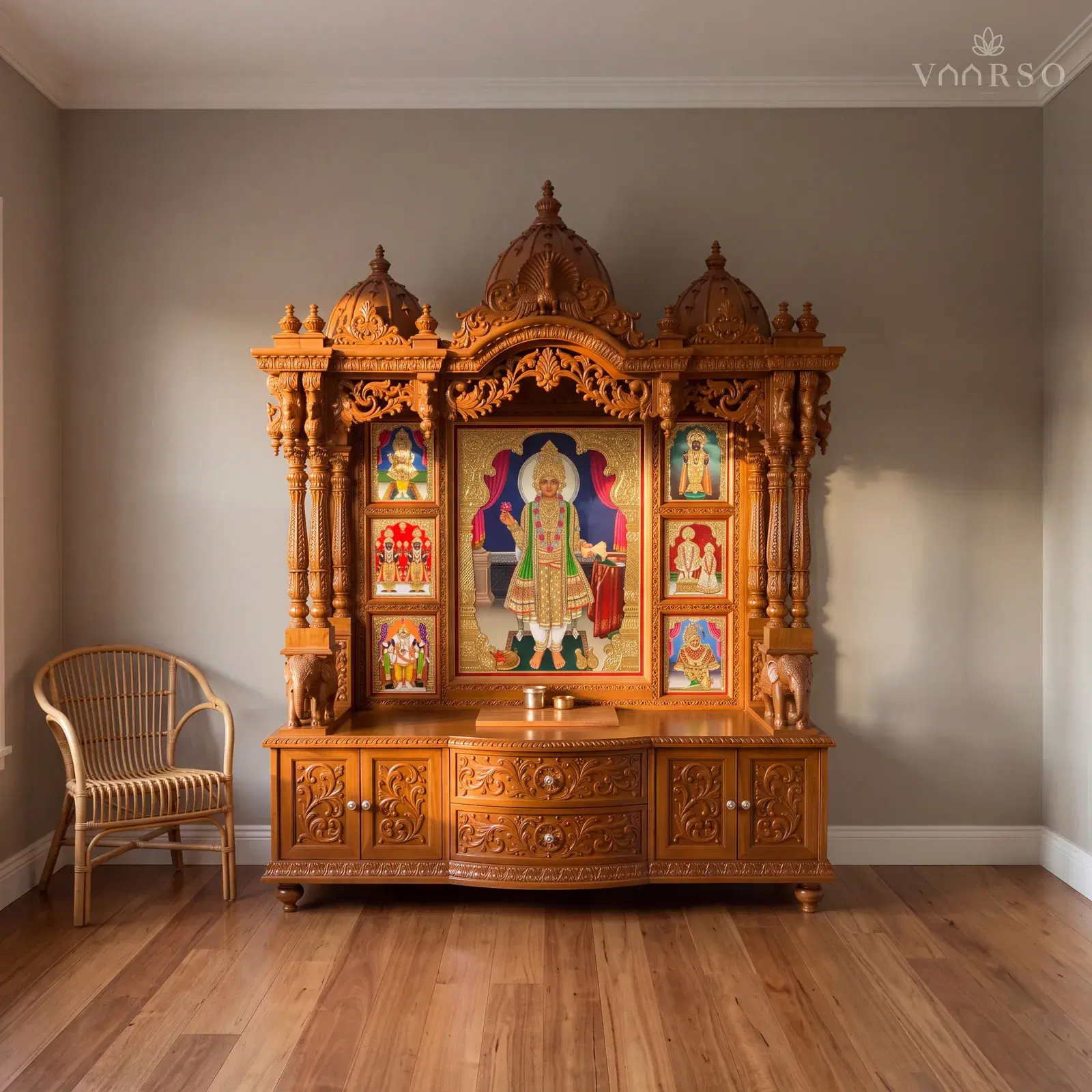 The same mandir in a small study retreat, a window seat along one side, blackbutt boards underfoot and a rattan armchair turned toward it