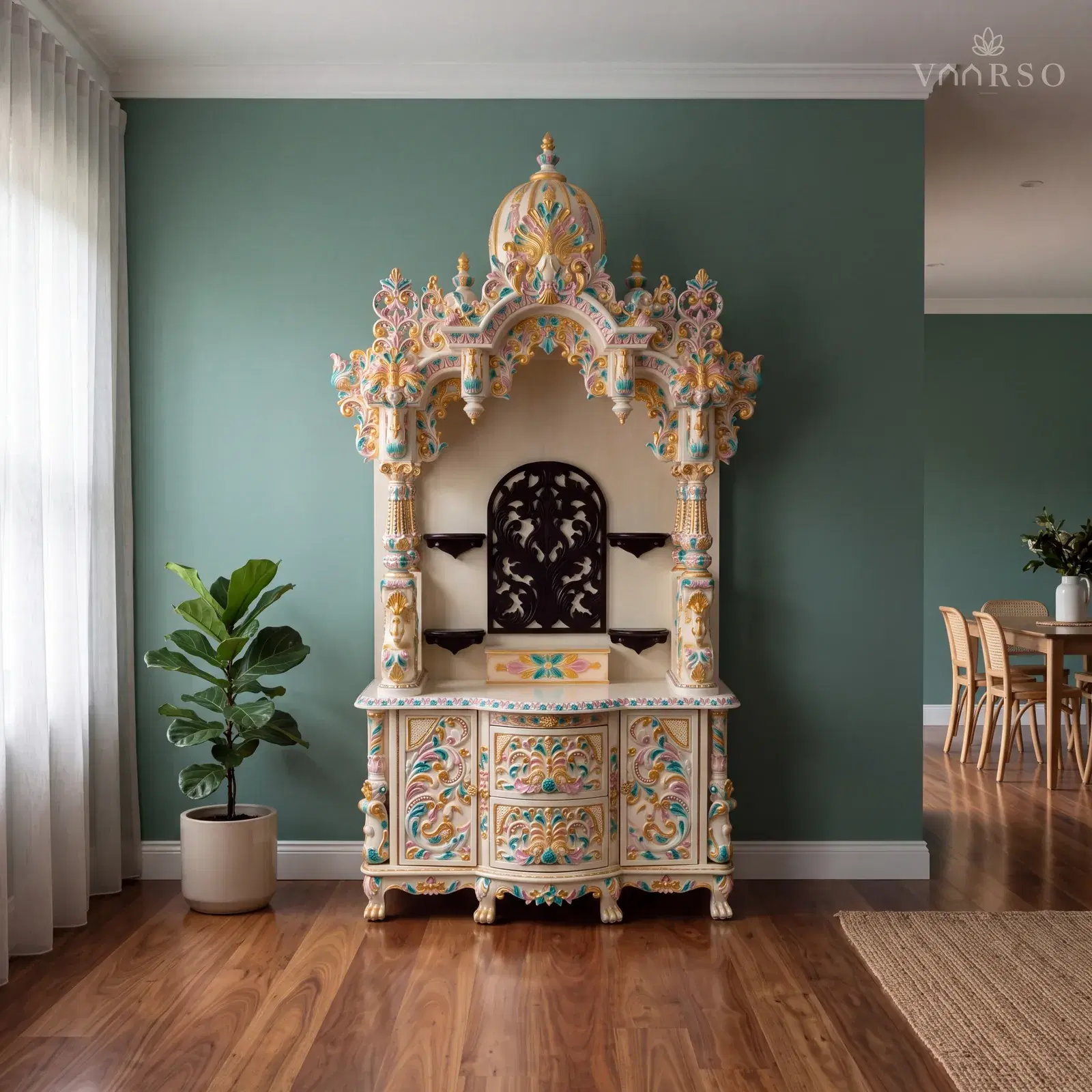 The same mandir in the dining end of an open-plan room, the table well away at the far side, spotted gum boards underfoot and a fiddle-leaf fig in a ceramic pot to one side