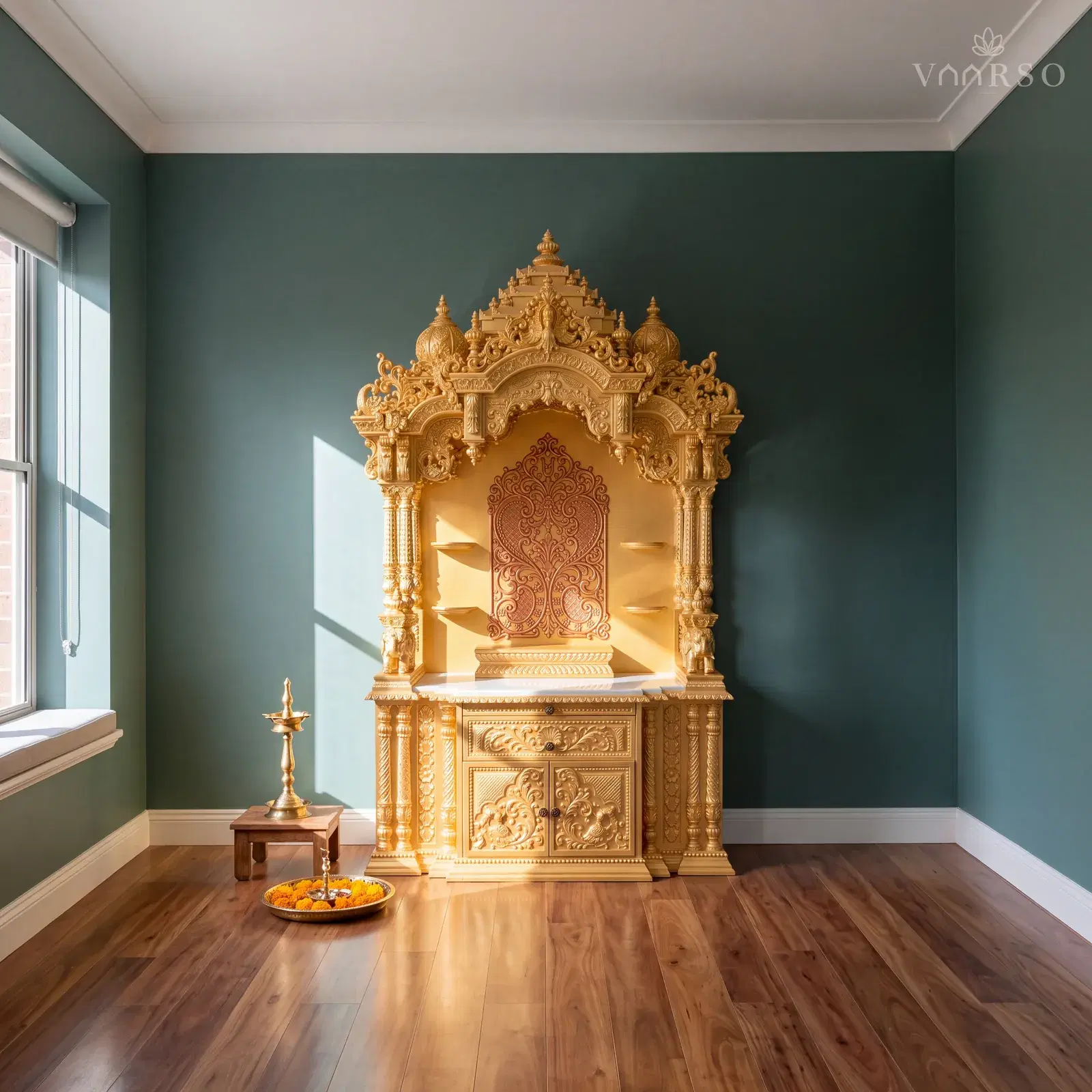 The same mandir in a small study retreat, a window seat along one side, spotted gum boards underfoot and a brass oil lamp on a timber stool and a thali of marigolds on the floor