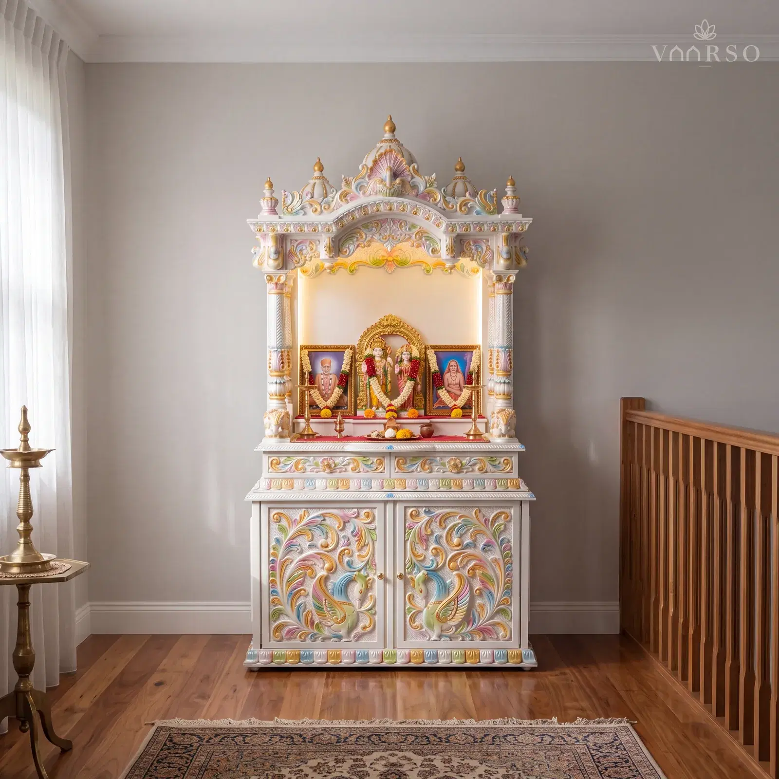 The same mandir in a wide upstairs landing, the stair balustrade along the open side, spotted gum boards underfoot and a worn Persian rug and a brass lamp on a side table