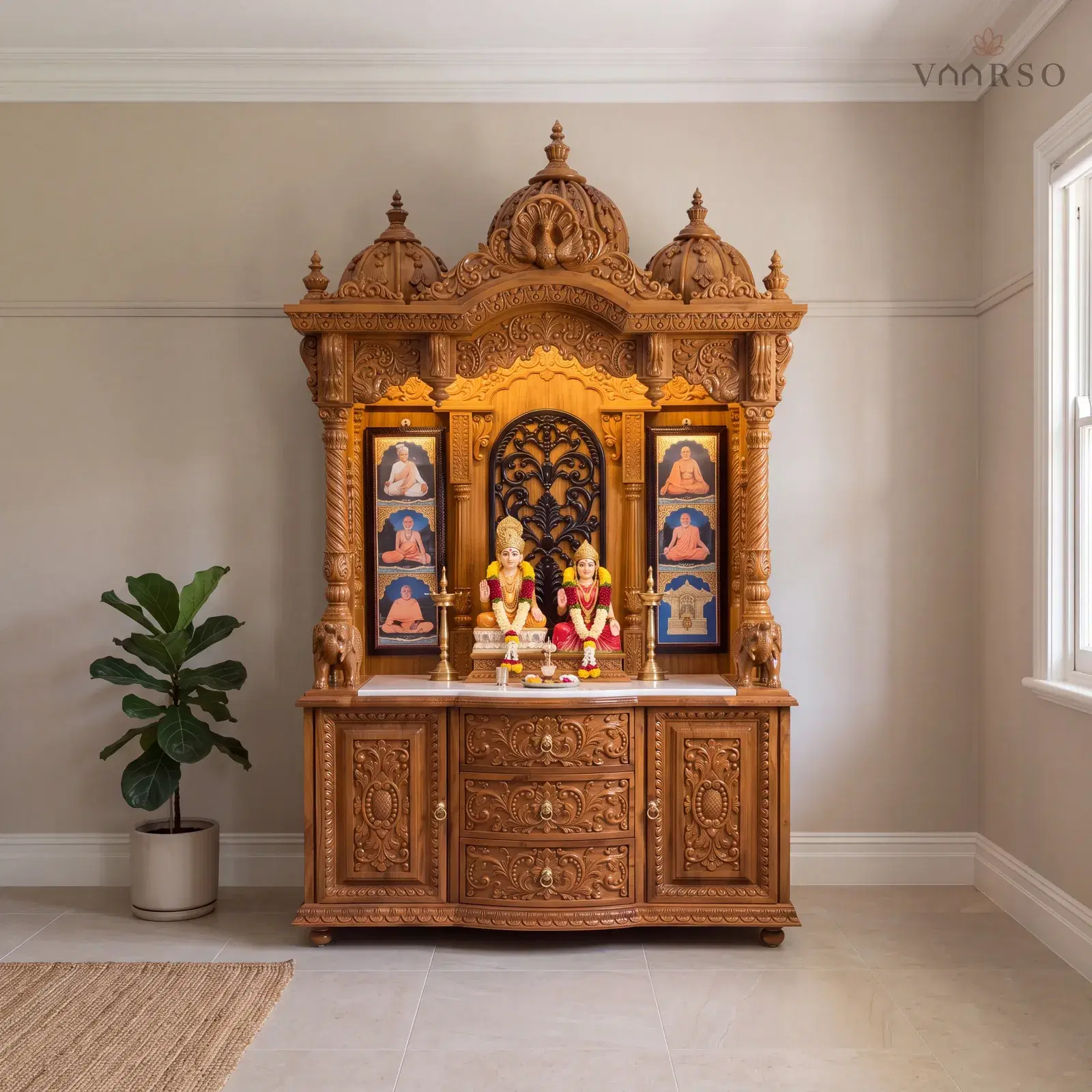 The same mandir in a Federation-era living room, a picture rail running above the crest, sand-toned porcelain tile underfoot and a fiddle-leaf fig in a ceramic pot to one side